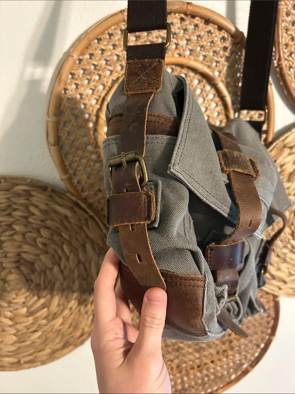 Peace Chaos Canvas Messenger Bag with Brown Leather Straps